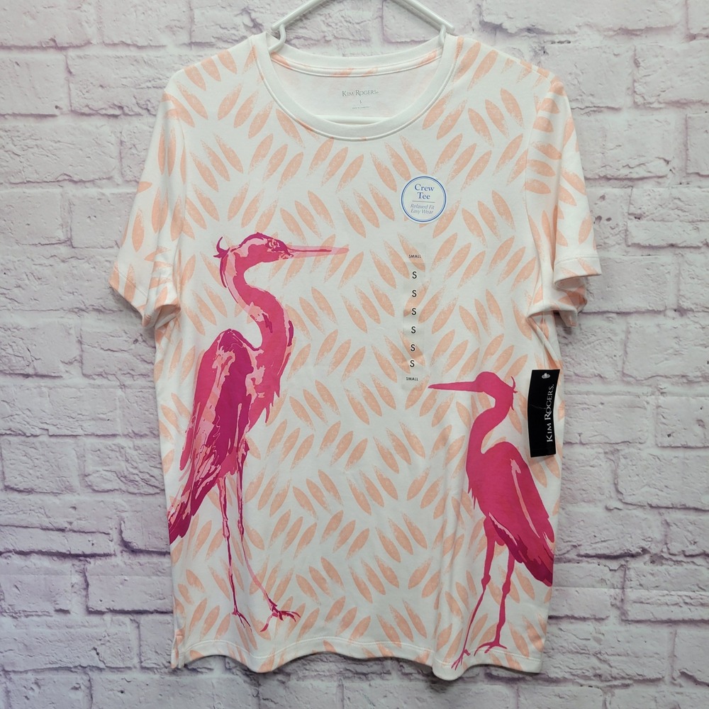 NEW Kim Rogers Pink Flamingo‎ Interlock Crew Tshirt Womens S Tropical Summer